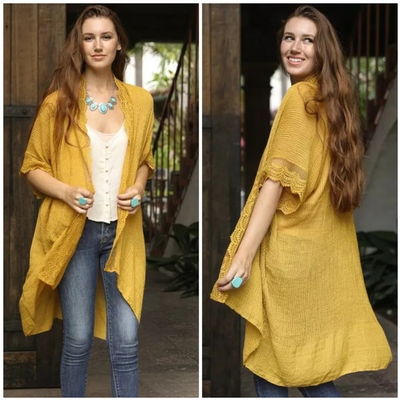 Accessories - SOLD OUT Mustard Scalloped Lace Trim Kimono Wrap